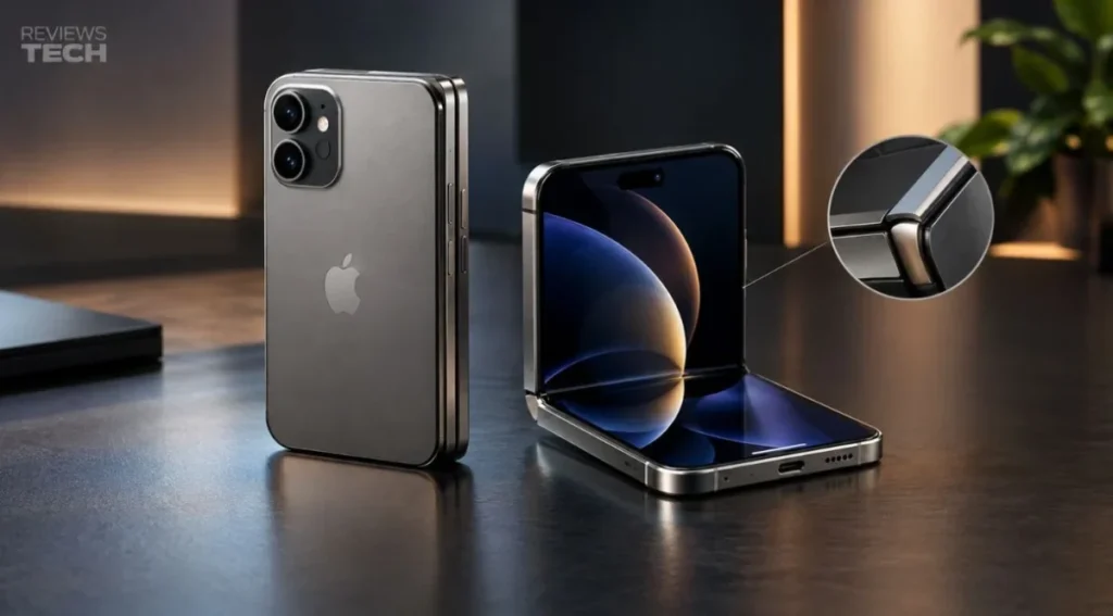 iPhone Duo: preço, ficha técnica e lançamento no Brasil 2 Design do iPhone Duo dobrável aberto e fechado com estrutura de titânio