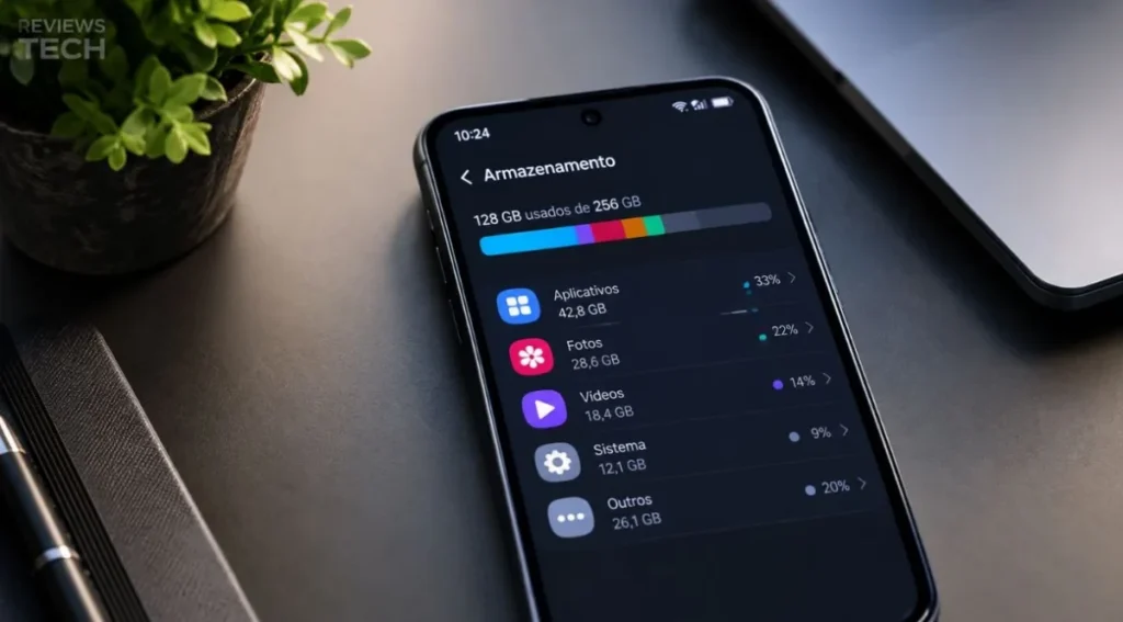 Quanto Armazenamento um Celular Precisa? 2 ela de configurações de um smartphone mostrando o espaço de armazenamento usado por apps, fotos e vídeos.