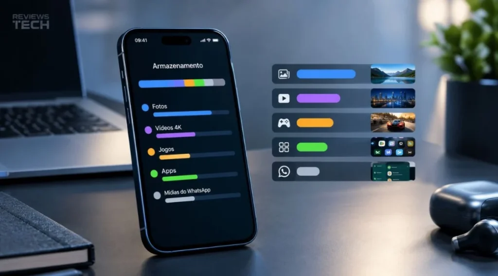 Quanto Armazenamento um Celular Precisa? 3 Infográfico comparando o espaço que fotos, vídeos, jogos e aplicativos costumam ocupar no celular.